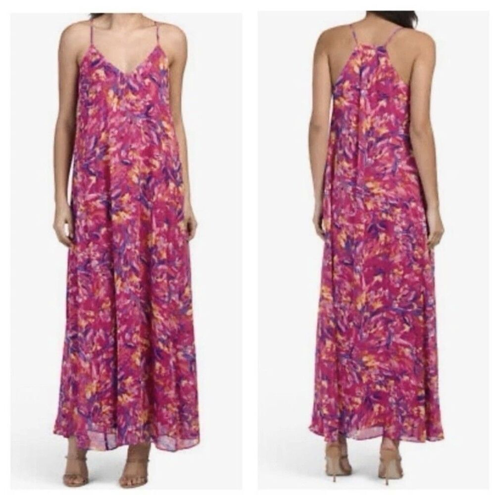 Nicole Miller Sleeveless Spaghetti Strap Maxi‎ Dress Womens Sz M Pink V-Neck